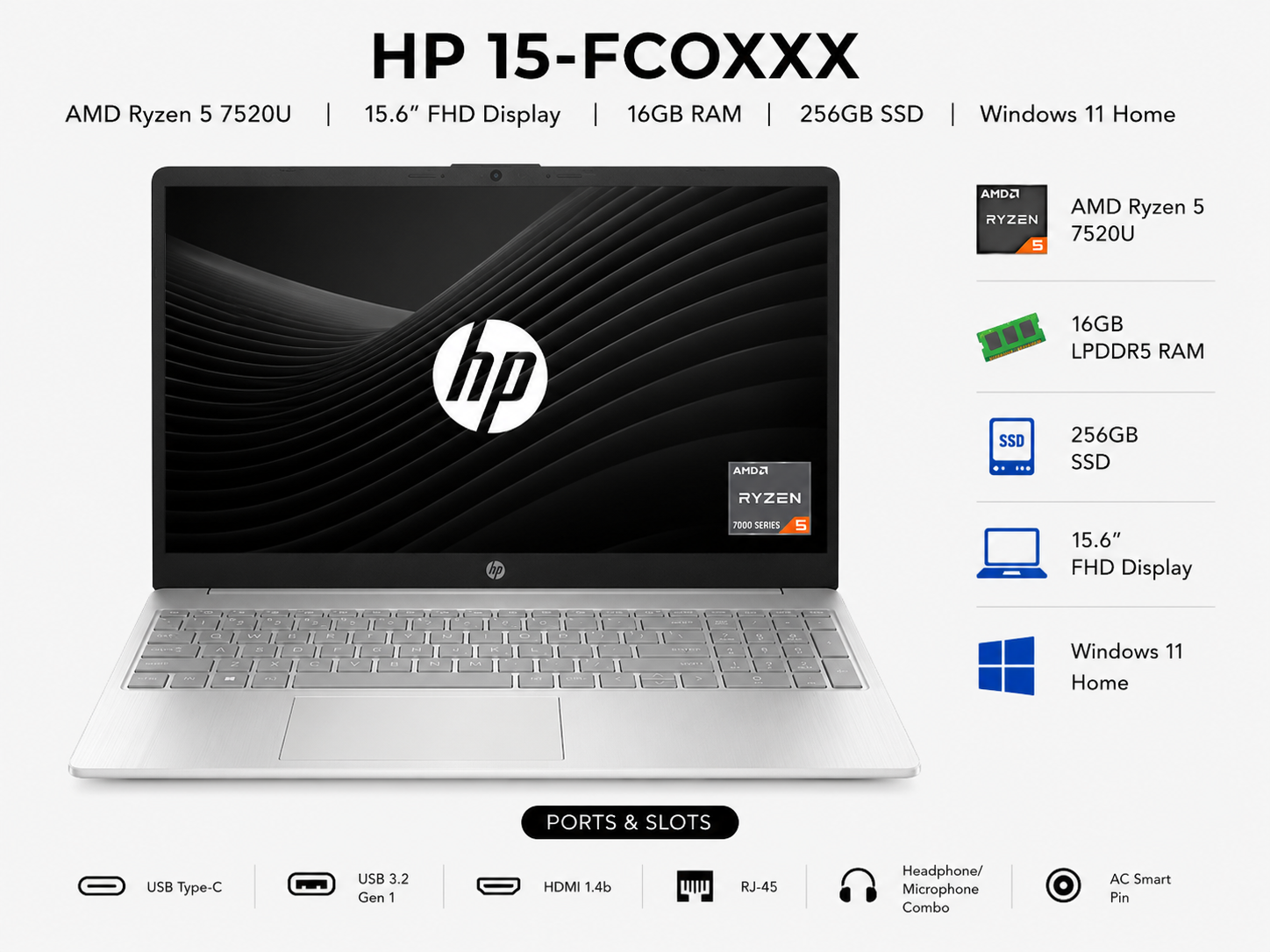 HP 15-FCOXXX | R5-7520U | 16GB-256GB SSD